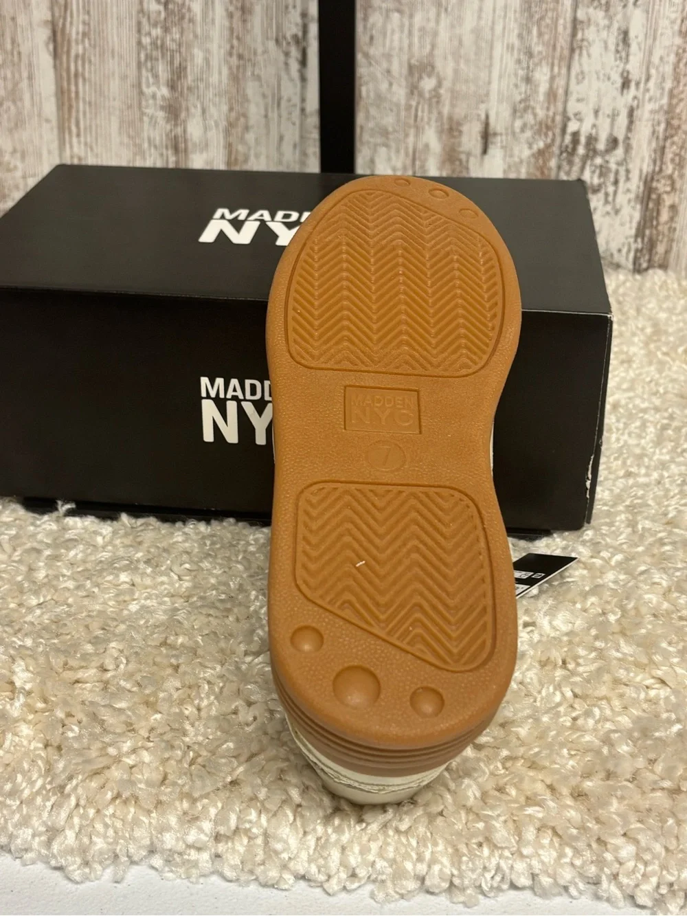 Madden NYC Women’s Cream Lace-Trim Sneaker with Gum Sole